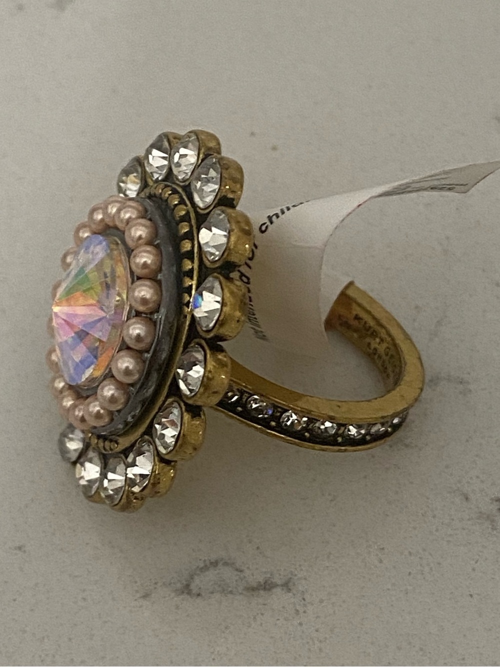 Kurt Geiger Octavia Cocktail Ring Size 8 NWT Goldtone plate/crystal Vintage Look - Picture 3 of 5